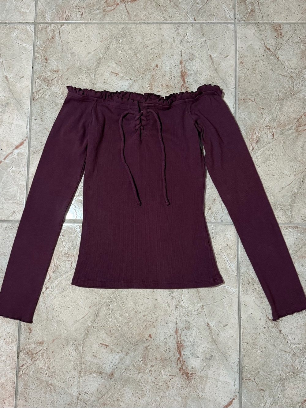 Aeropostale Burgundy Off Shoulder Lace Up Long Sleeve Top M